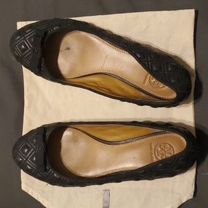 Tory Burch Marion Quilted Ballet Flats Black Leather Bow Ballerina Shoes
